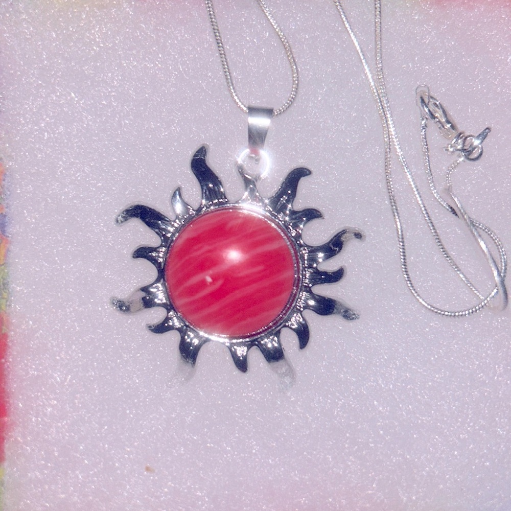Boho hippie Coral 🪸 Crystal Sun Sterling Silver Necklace 16”